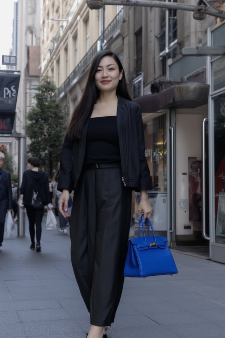 An elegant french young woman, refined style, in a London shopping street, holding her Birkin25 bag, royal blue color bag, swift leather bag, holding bag by hand, gold hardware Birkin bag