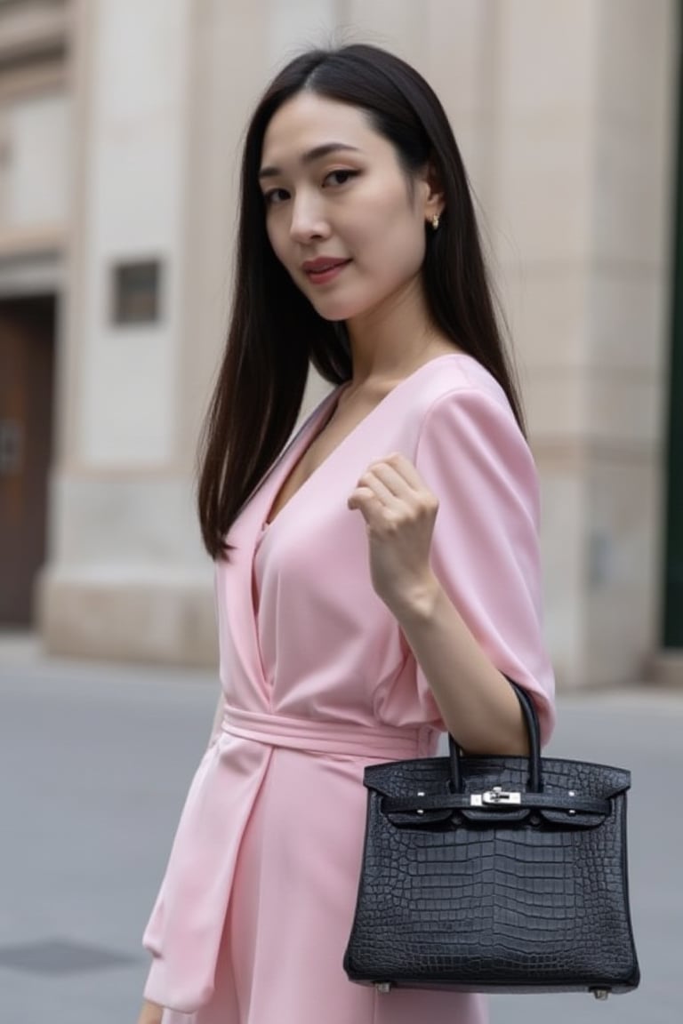 A stylish Korean influencer, 30 years young and radiant, holds her prized black alligator leather Birkin 25 bag. She is walking in Duomo square in Milan, with a pink hip pop luxury dress.