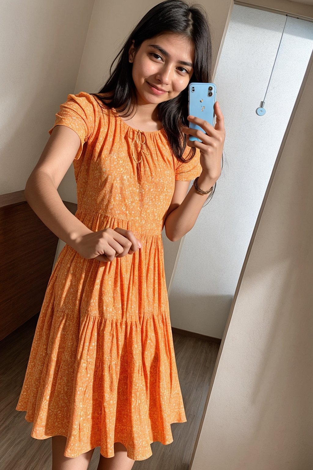 lovely cute young attractive indian teenage girl in a adorable  orenge dress , 18years old, cute, an Instagram model, blackhair, while eyes open,  one hand with selfie 