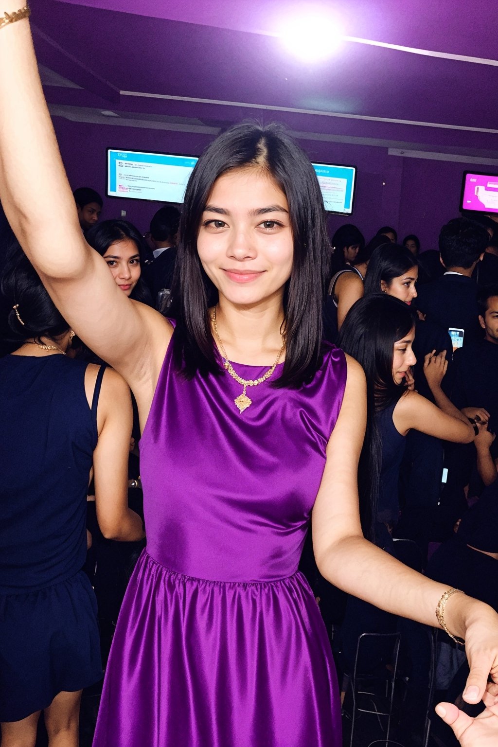 lovely cute young attractive indian teenage girl in a adorable  purple dress , 18years old, cute, an Instagram model, blackhair, while eyes open,  club party with selfie 