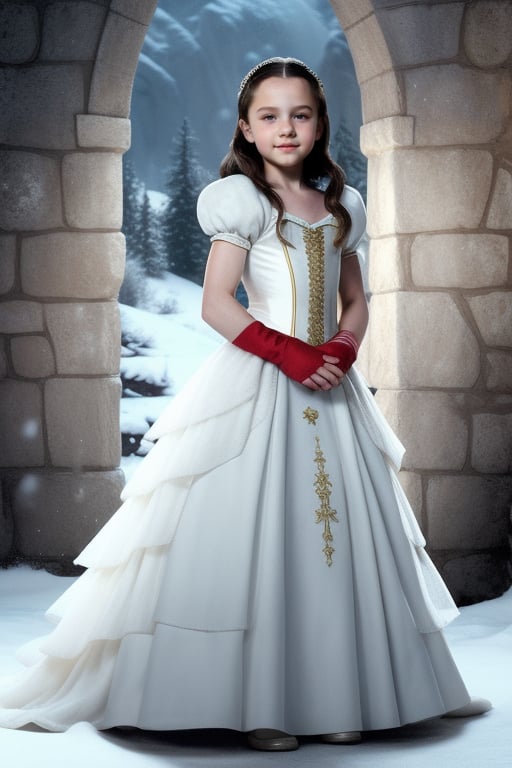 Snow White princess full Body View ((Tami Stronach)) Emilia Clarke, 8 years old, in princess costume with full lips, Tami Stronach,Tami Stronach