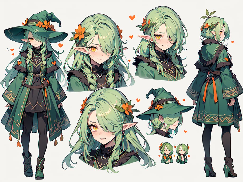 sage green hair, Character concept sheet, conceptual character, concept sheet, multiple views of the same character, infographic, CharacterSheet, (multiple views, full body, upper body, reference sheet:1), reference sheet, (full body, from side, from back, front:1.1), three sided view, accurate anatomy, equal proportions, high quality, turnabout, vtuber, multiple views, ((solid grey background)), 1girl, pale slightly tinged green skin, elf ears,  (((sage green hair))), long wild feral hair, ((hair over one eye)), ((orange eyes)), nature, fae, dryad, dryad fae, druid, druid fae, druid fae princess, fae princess, dryad princess, princess, nymph, comics, flat colors, color palette, asymmetrical dressing, liquid clothes, forest spirit, fairy spirit, sprite, niji, More Detail, Color Booster, wizardess, witch, viking, feral, flower dress, colorful, yellow theme clothing, no black, complimentary color accents, (MoreOutfits:1.5), expression sheet, multiple expressions, (facial expressions:happy, disgusted, angry, sad, surprised, scared, confused, embarrassed, smiling, excited, crying, heart-pupils, constricted pupils, half-closed eyes, winking, shaded face, shocked), sage green hair, ferns, vines, leaves, slime, plant girl, pattern_clothing, pattern, rough_sketch, sketch, ((sunhat)), manga, 