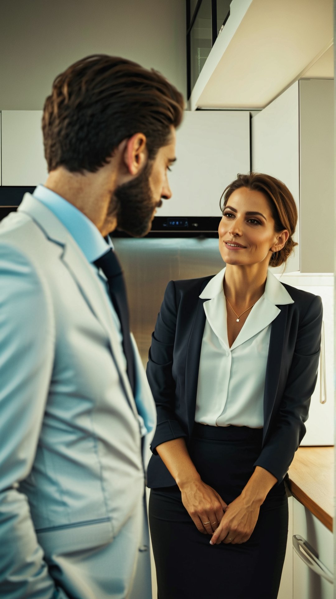 Masterpiece, bestquality,4K,highres, ultra-detailed, 

wide angle picture of handsome young Lebanese man and a beautiful middle aged swedish woman talking in an office kitchen, professional outfits, formal suit,