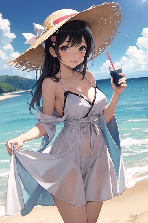 A Japanese girl, dressed in a white sundress and wearing a large straw hat, stands at the sun-drenched beach, enjoying the sea breeze.