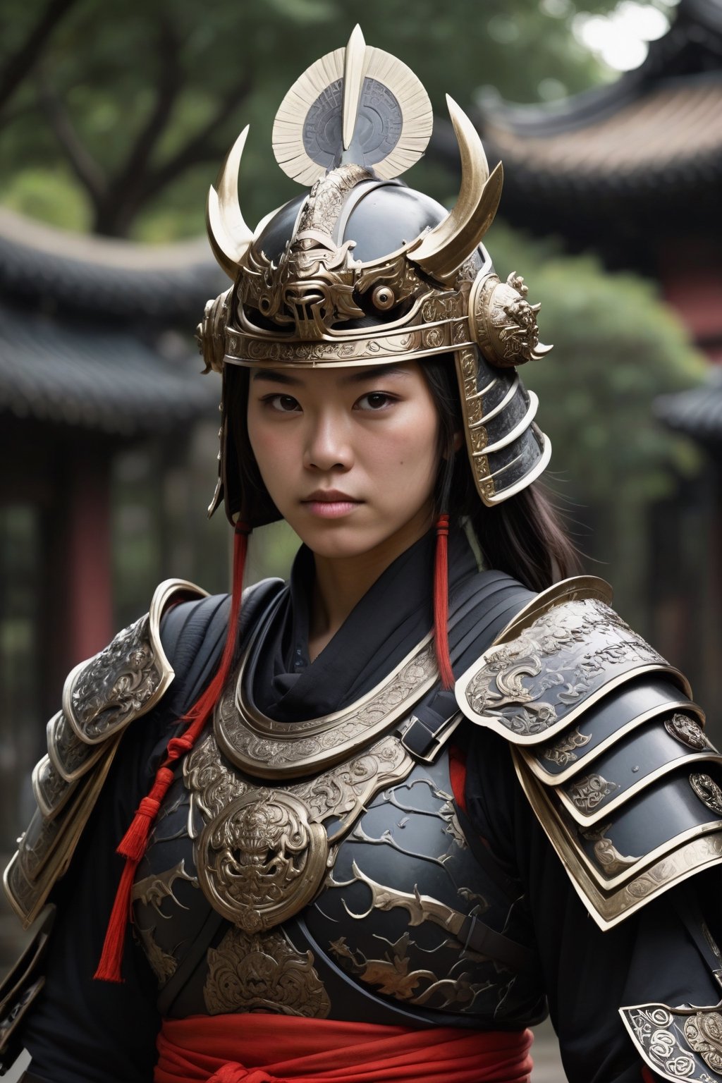 An intellectual reble girl in samurai armor and helmet,samurai armor, black samurai, black samurai helmet, symbol on helmet, Its powerful form encased in ornate armor, adorned with intricate patterns and symbols. The gorilla's eyes, filled with wisdom and determination, peer out from beneath the helmet's visor. Its massive hands grip a katana with a practiced ease, ready for battle or deep contemplation. This unique fusion of animal and warrior exudes strength, intelligence, and a sense of ancient honor.,samurai