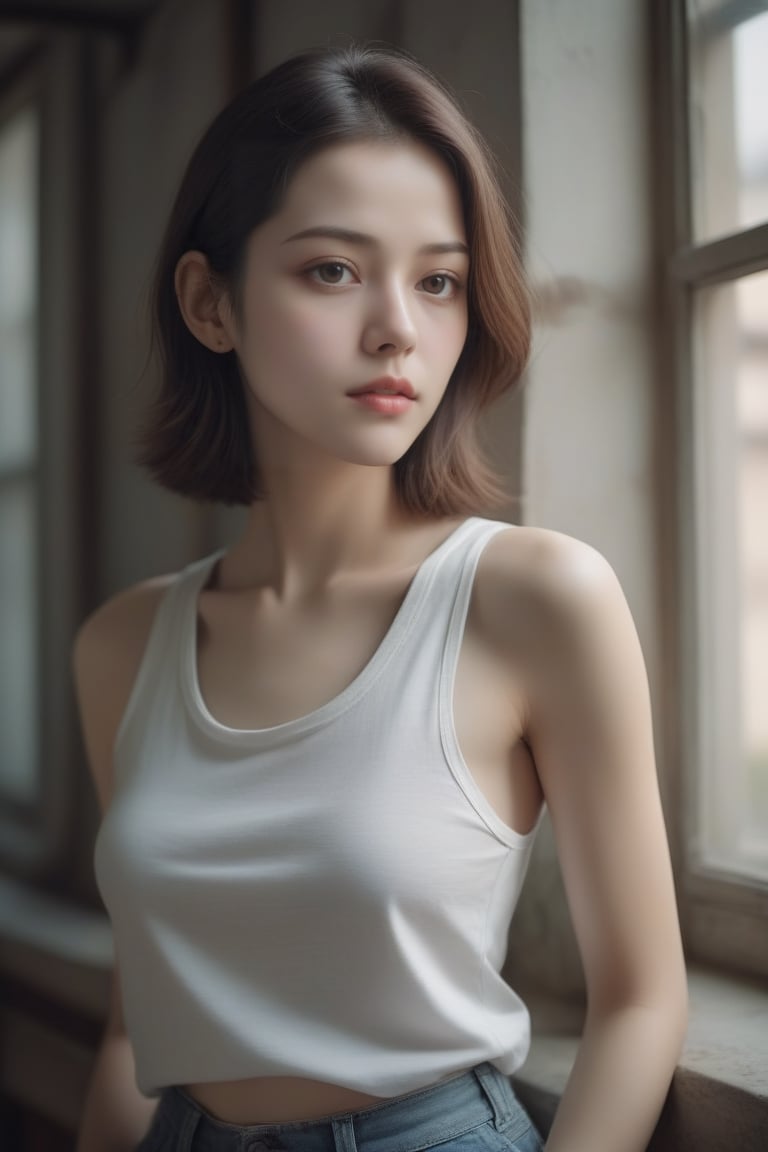 Beautiful woman wearing a tanktop no bra, analog photograph, professional fashion photoshoot, hyperrealistic, masterpiece, trending on artstation,krrrsty中銀大廈