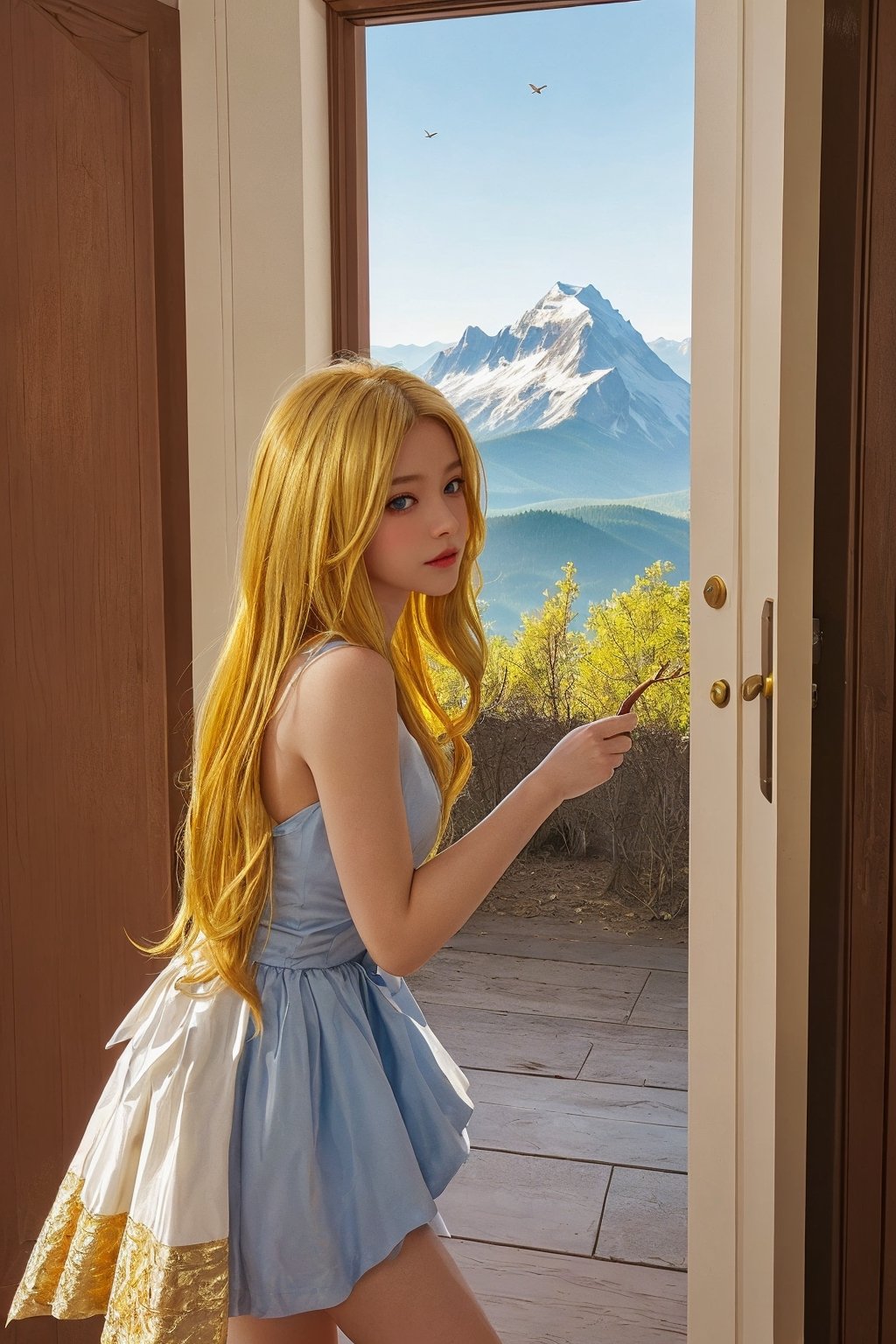 1 beauty girl,gold hair, blue eyes, open door, see mountain, shoot birds,