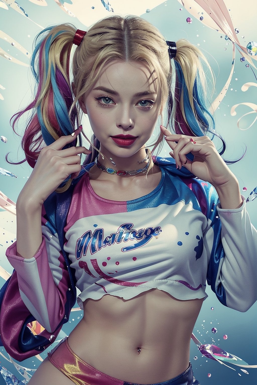 ((masterpiece, best quality)), harley quinn,margot robbie,mini skirt,sexy,curvy body,detailed face,perfect eyes,detailed hands,hands up,light background,mix of fantasy and realistic elements,vibrant manga,uhd picture , crystal translucency, vibrant artwork