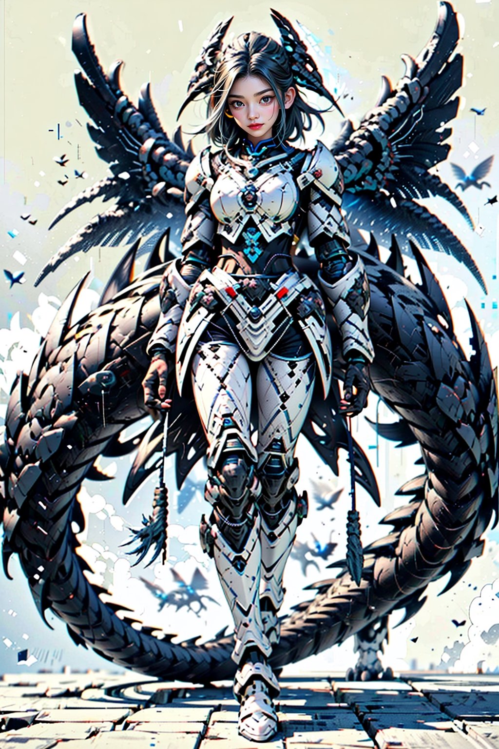 4k,ultra detailed, best quality, masterpiece, 20yo 1girl, ((Full body armor,complex multi-layered mecha armor, scale armor, many complex armor elements, ultra light tight armor, no helmet, insane detail full leg armor)) ((( long wings ,1black other is white)))

grey hair, long hair, (Beautiful and detailed eyes),
Detailed face, detailed eyes, double eyelids, real hands, ((short hair with long locks:1.2)), black hair, black background,


real person, color splash style photo,
,dragon ear,cool