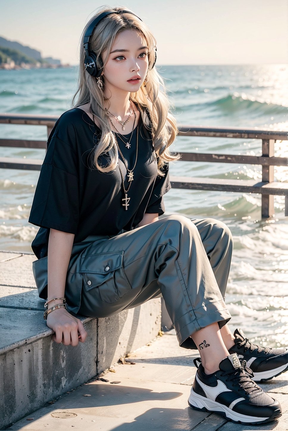 French girl,grey blonde hair(very long hair, curly_hair),hiphop dancer,wearing all black clothes (loose fit top and wide cargo pants),sneakers,headphone, sitting at sea bank,horizon,seaside,accessories(necklace,ear_rings),Best Quality, 32k, photorealistic, ultra-detailed, finely detailed, high resolution, perfect dynamic composition, beautiful detailed eyes, sharp-focus, cowboy_shot, 