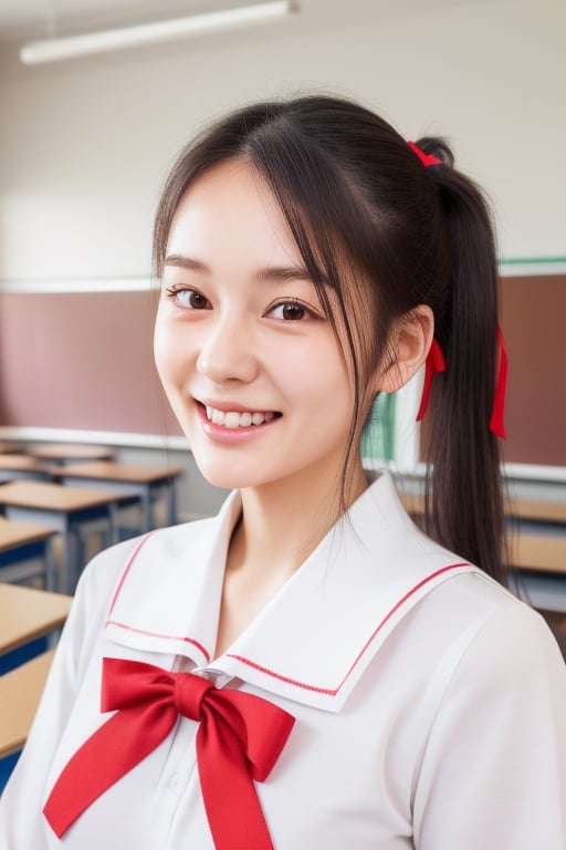 Beautiful 20 year old Japanese girl innocent eyes beautiful face side pony tail wearing Japanese school sailor fuku  with red ribbon tie standing in the empty classroom smiling in front of camera ultra realistic HD portrait