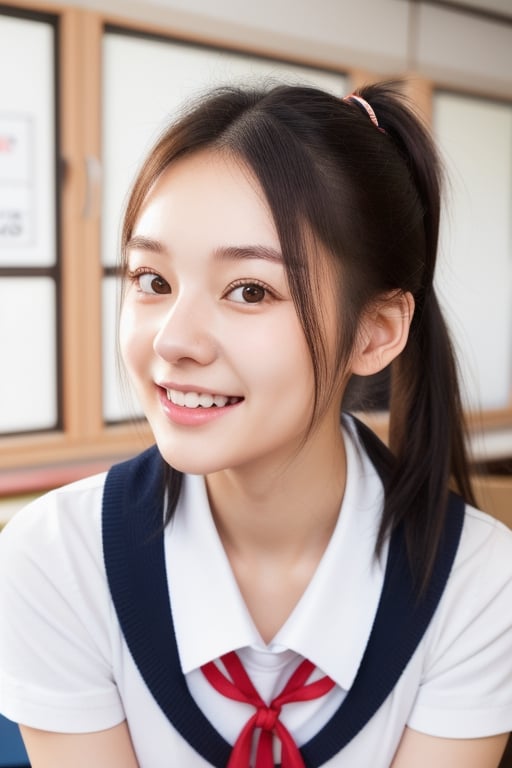 Yuki a Beautiful 20 year old Japanese girl innocent eyes seductive face side pony tail wearing Japanese school sailor fuku  with red ribbon tie standing in the empty classroom smiling in front of camera ultra realistic HD portrait