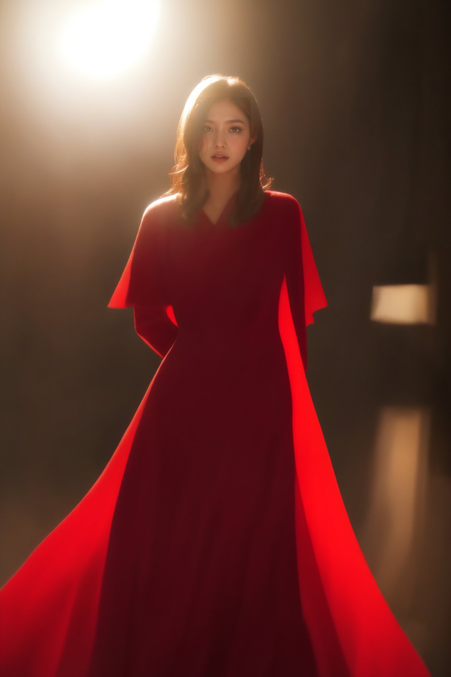 a young woman,looking at the camera, camera: Sony RX100 ,dramatic lighting, posing, ulzzang, streaming on twitch, character album cover,red moment,style of bokeh, witch dress, ,moody lighting, appropriate comparison of cold and warm, hair over one eye, reality,idol,Beauty,beauty, with foot 