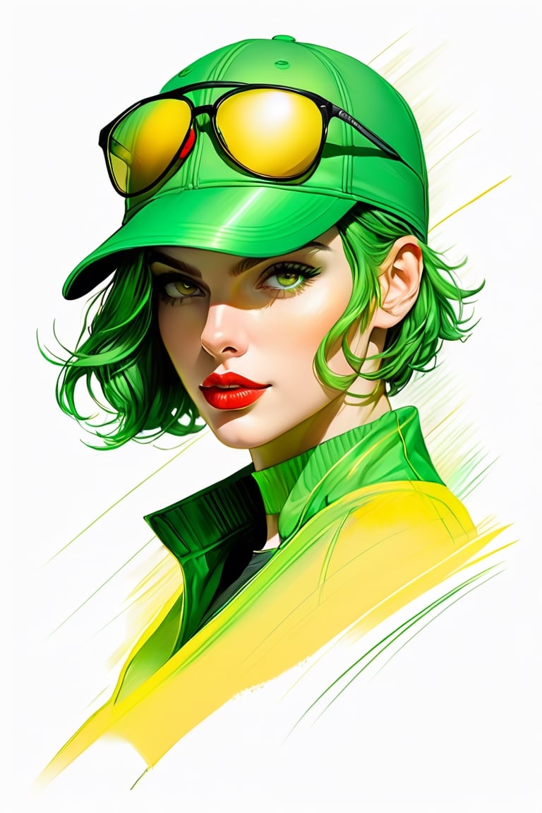 pencil Sketch of a beautiful  athletic woman 30 years old, , green short hair, yellow shades, cap, disheveled alluring, portrait by Charles Miano, ink drawing, illustrative art, soft lighting, detailed, more Flowing rhythm, elegant, low contrast, add soft blur with thin line, full red lips, green eyes, black clothes.