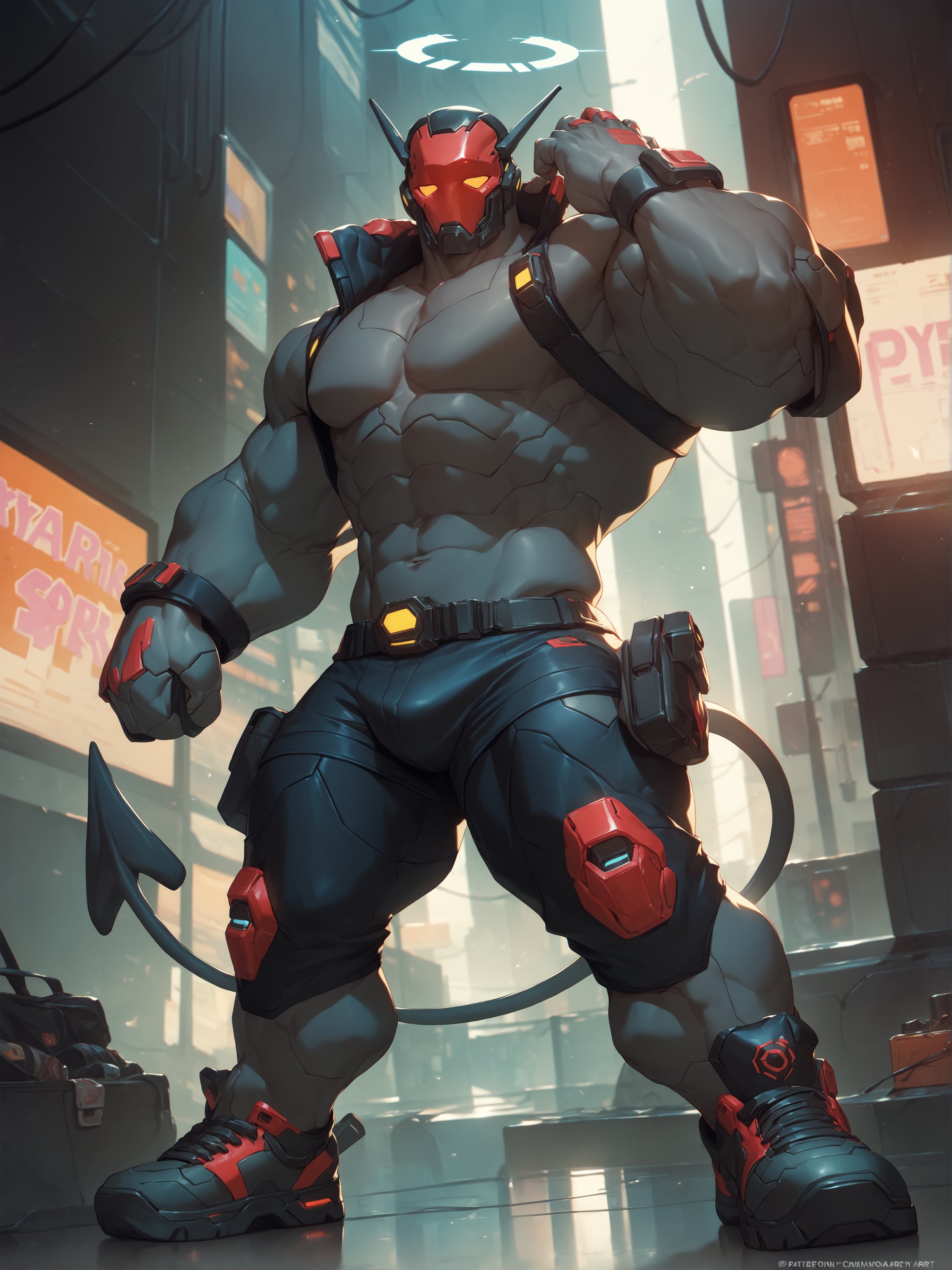 score_9, score_8_up, score_7_up, score_6_up, score_5_up, score_4_up, source_anime, quality_masterpiece, quality best, official art, rating_adult, 8k, highly detailed, game cg,

BREAK

1boy, full body, Cyberpunk Style, robot, helmet, covered face, cute, Shirtless, Tiny tight tank top, cyberpunk streetwear, compression shorts, Halo, Demon's Tail, akira art style, striking detailed artstyle, standing, armpits