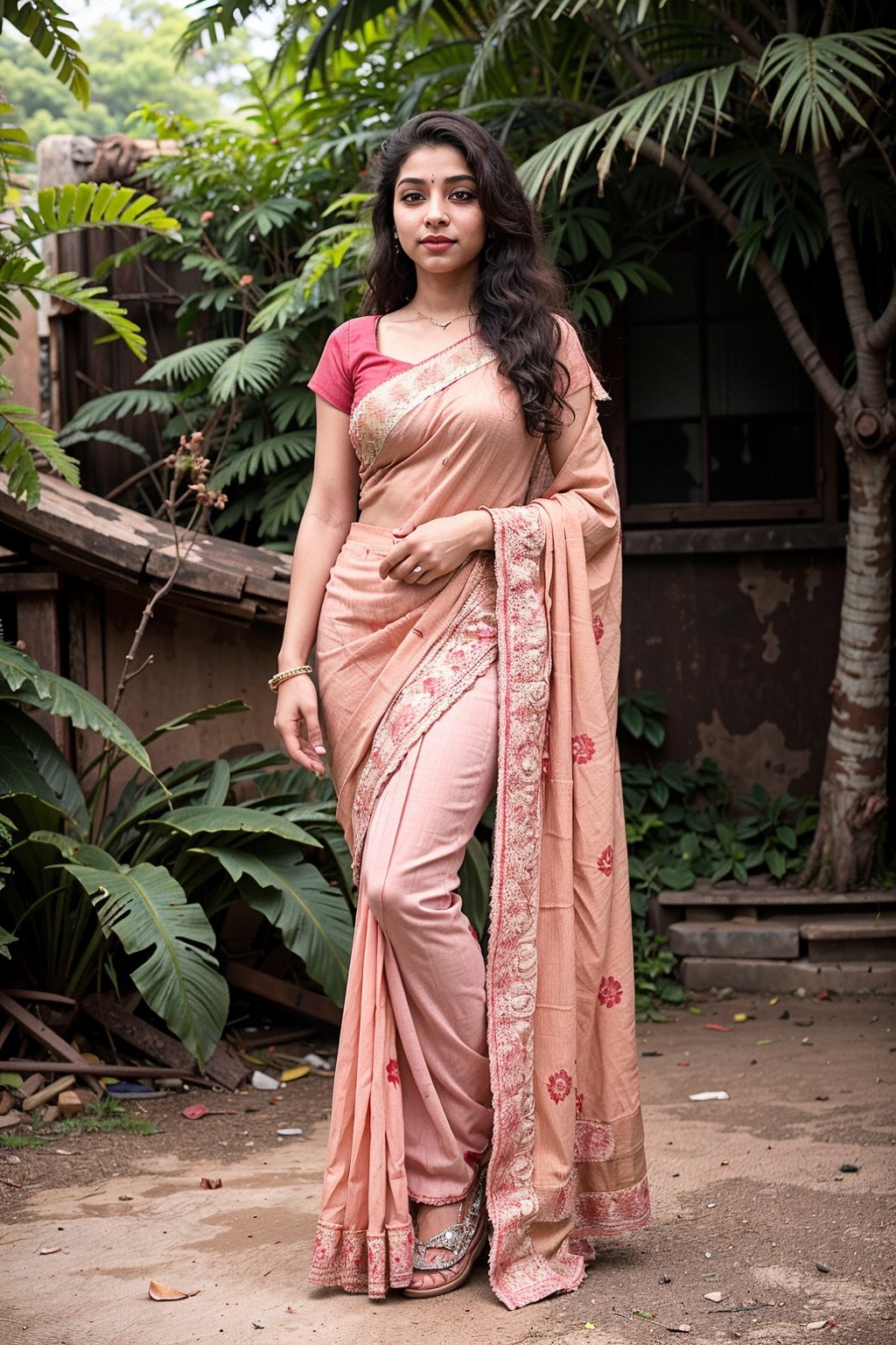 (masterpiece), 17 years,1 girl, in bright pink saree, pink blouse,tall woman with yellow eyes, better hands, better fingers, smilie, jungle garden background , stylish pose, pout lips, Indian saree style,full body , 