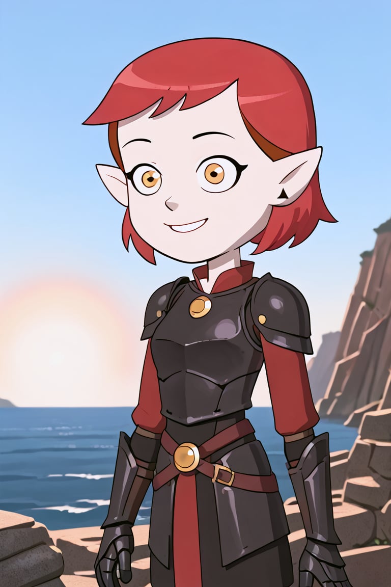 girl with red hair((shot hair)),golden eyes, pointed ears, ((hot smile))

[clothing]/black armor with red edges
(tracking of the open pose)



[landscape]/observing in ocean,amity blight