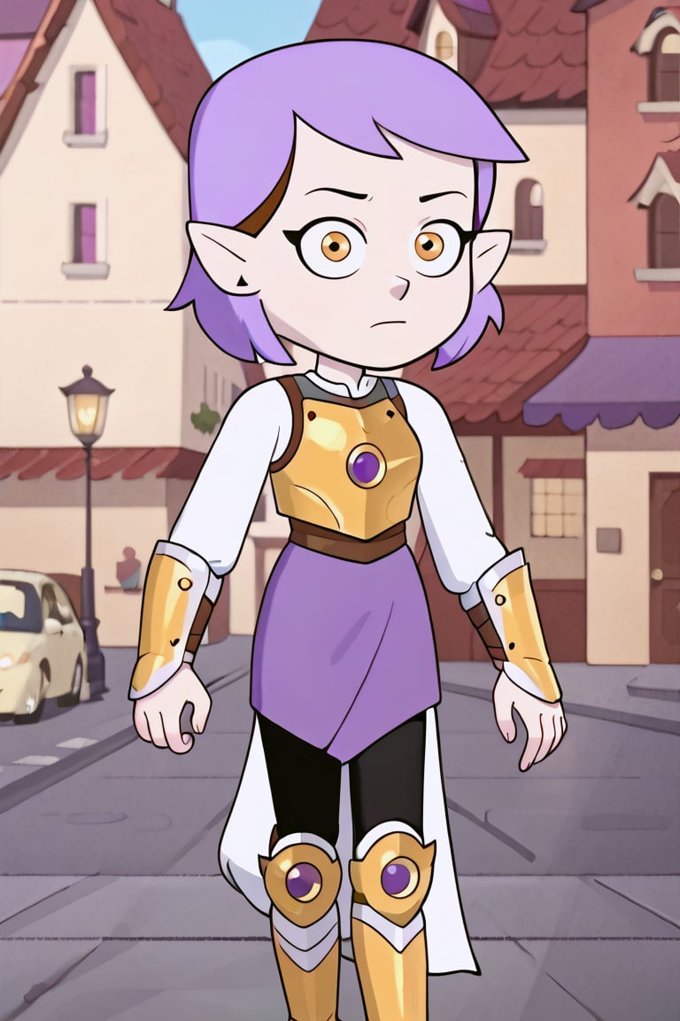 girl with short hair ((purple hair)) pointed ears, golden eyes, ((stare)

Clothing: golden armor with green edges

((walking on the street)),amity blight