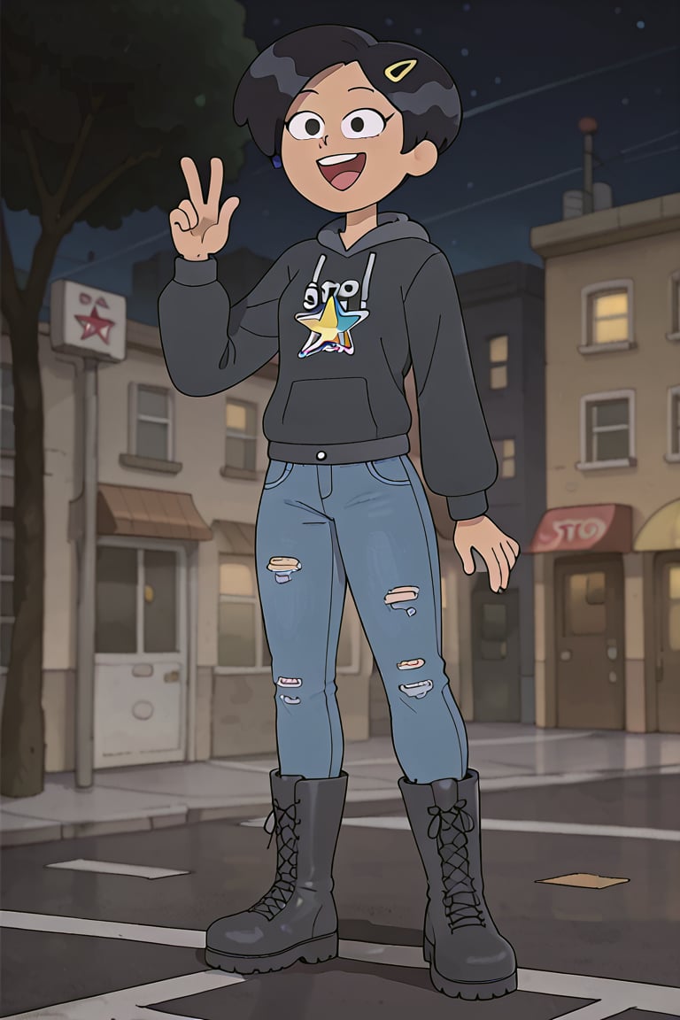 short hair girl((dark hair)),((happy look))

black sweatshirt, blue jeans, black boots, ((stop on the night street))