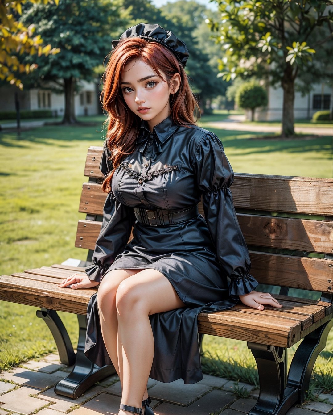 1girl solo, realistic, background blurry bokeh , (ultra hdr) (professional photograph), european,3D MODEL,sma, european gardner ,gothic black dress,redhead, sitting on wooden bench in park,