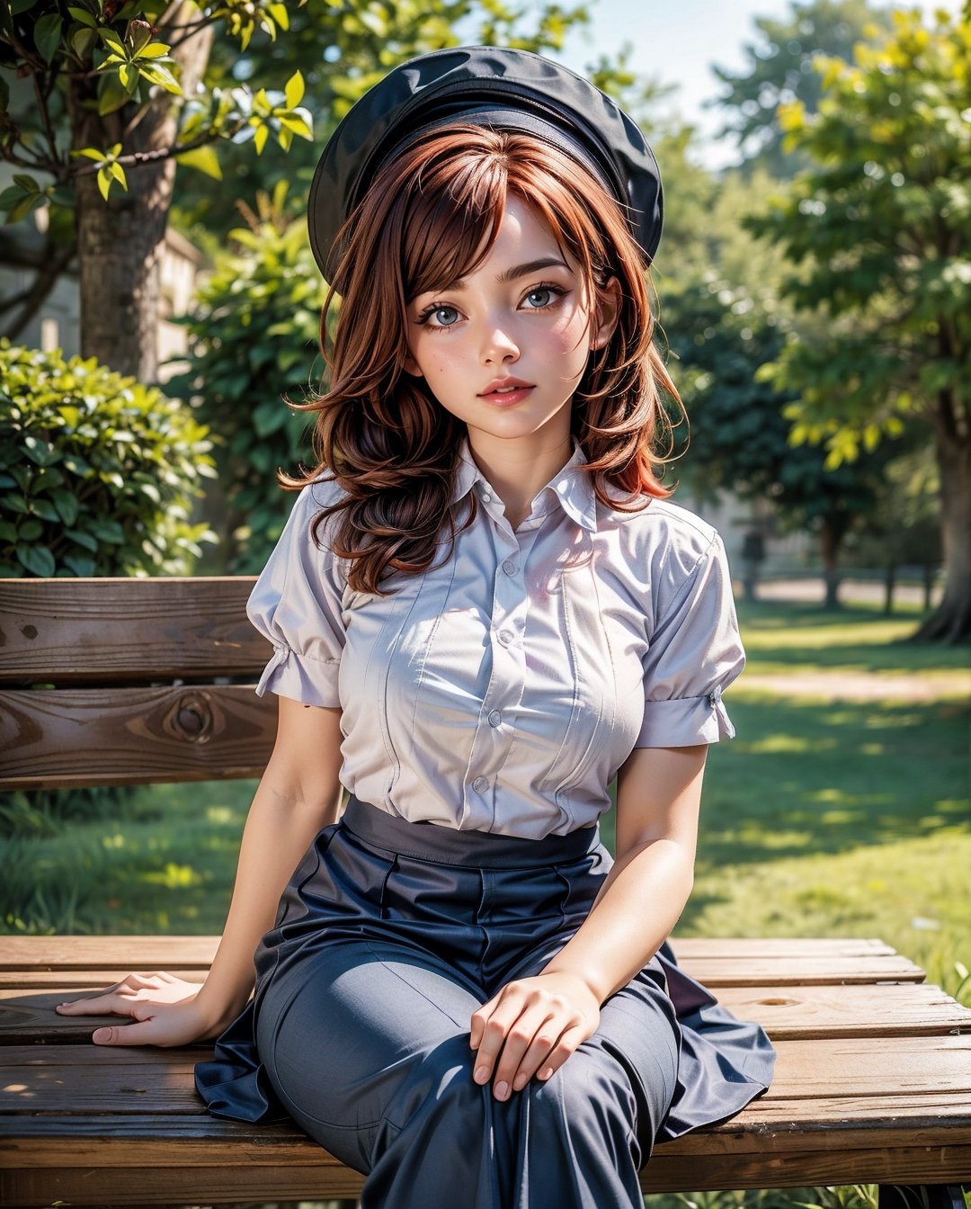 1girl solo, realistic, background blurry bokeh , (ultra hdr) (professional photograph), european,3D MODEL,sma, european gardner ,gothic black clothes,redhead, sitting on wooden bench in park,30G cup,