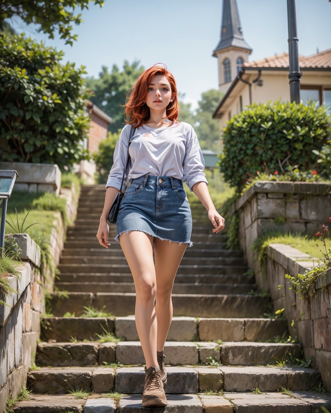 1girl solo, realistic, background blurry bokeh , (ultra hdr) (professional photograph), european,3D MODEL,sma, european gardner ,short jeans skirt, grey top, redhead, walking down wooden stairs,