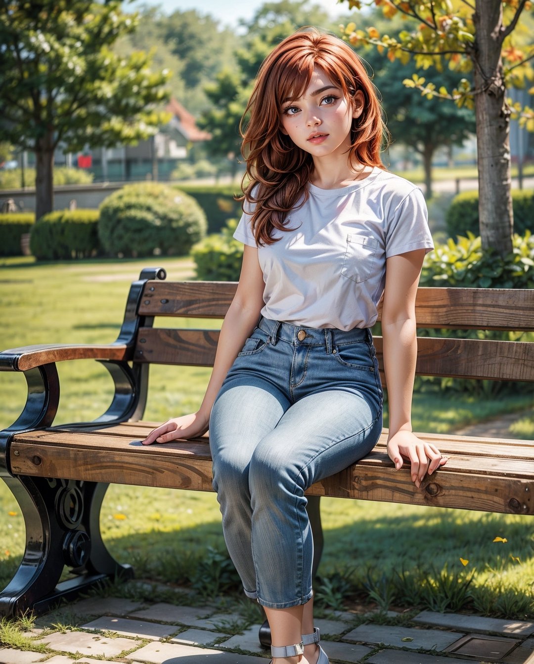 1girl solo, realistic, background blurry bokeh , (ultra hdr) (professional photograph), european,3D MODEL,sma, european gardner ,short jeans, grey top, redhead, sitting on wooden bench in park,