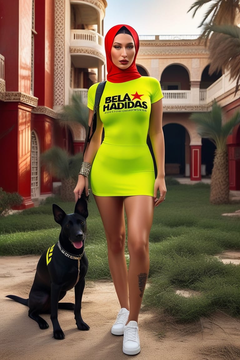  A majestic shot from a grand angle, captures Bella Hadid, mature fat body, striking features as she confidently stands outside an abandoned hotel in central Gaza city, full of dirty wastes. She transpires ugliness, with tattoos and piercing. She's surrounded by two dogs adding a fearing whimsy atmosphere. She's pantyless , dressed in form-fitting dark red T-shirt with vibrant text reading  "Bella Hadidas" and with three stripes on her shoulders, wearing hijab and a luminous fluorescent dark latex micro-skirt witn an opening on the left thigh. She's holding an  automatic weapon. She's wearing Adidas dark yellow Snickers . Framed to highlight ultra-realistic, body details, showcasing a fierce gaze. In a 16k-quality photoshoot, she poses confidently angry, the entire figure captured in stunning detail as the sunlight casts a warm glow on her ultra-realistic, super-detailed skin, emphasizing every curve and contour, with precision and clarity, a true masterpiece of cinematic photography.,3d,Extremely Realistic,shards,  3D, score_8_up,photorealistic