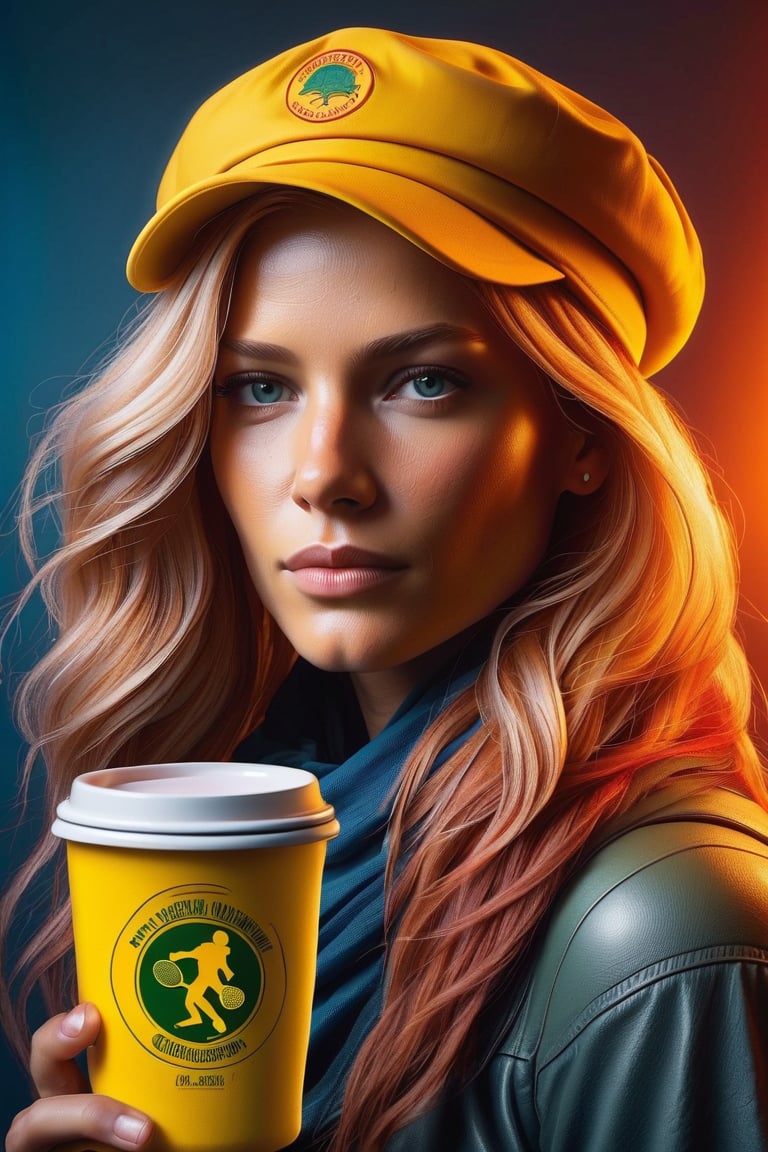 A california blond cougar woman's, bathed in warm yellow light, braless, pantyless,  gazes seducively as she holds a Cuzzolin  coffee mug,  tennis hat with the logo "Cuzzolin" on her head. Scarred skin and lucky emotions etched on her face convey happiness depths. Brushstrokes evoke, capturing every detail from pockmarked skin to fiery locks. Background colors bleed from her thoughts, fading to haze, then light, as if her turmoil has revivified the world. full body,  high resolution, High quality, high luminosity , ultra-realistic, super-detailed 