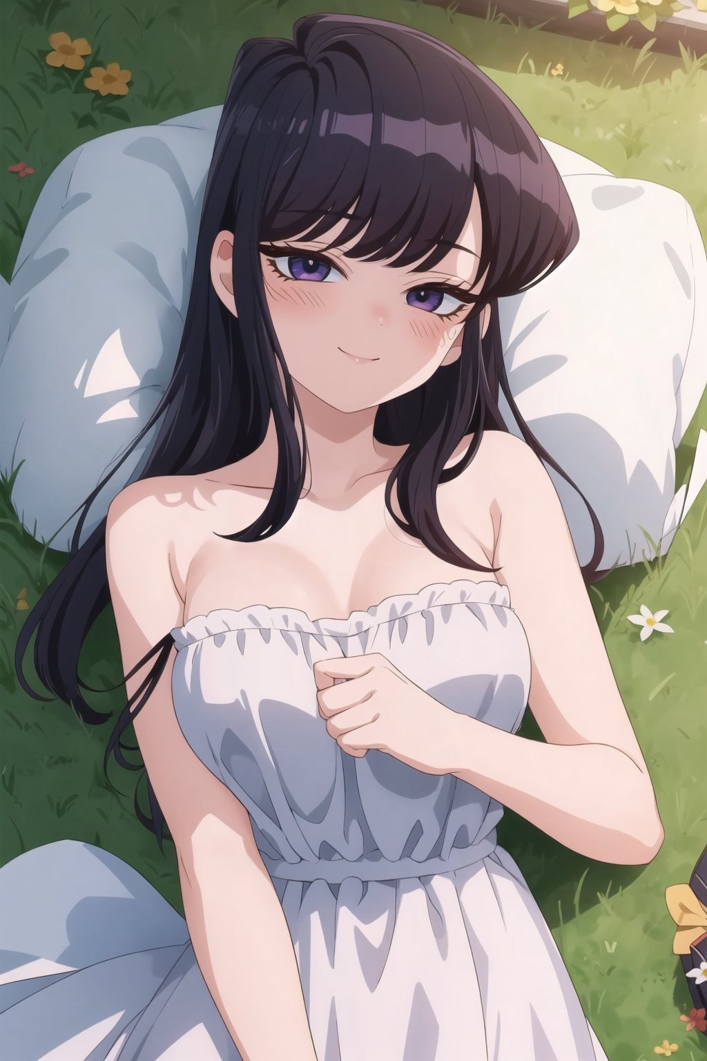 ShoukoKomi, Shouko Komi, (8k, high definition), loose hair, long eyelashes, loose hair, long hair, long sideburns, purple eyeliner, perfect eyes, embarrassed, blushing, high definition, eyes highly detailed, highly detailed, strapless dress, white dress, lying on the grass, flowers, summer, flower in hair, smile, upper body, 