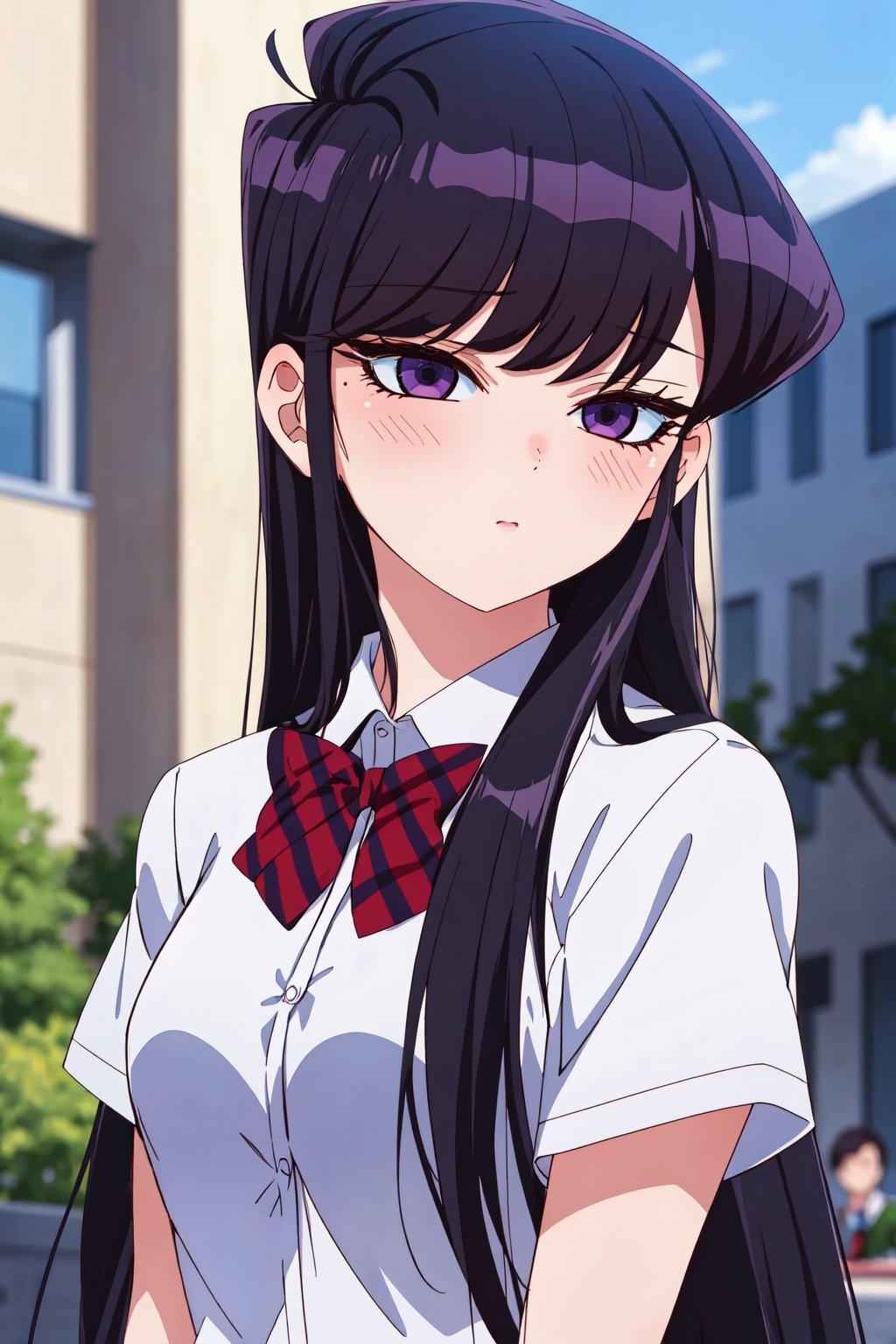 ShoukoKomi, Shouko Komi, (8k, high definition), upper body, loose hair, long eyelashes, loose hair, long hair, long sideburns, purple eyeliner, perfect eyes, embarrassed, blushing, high definition, eyes highly detailed, highly detailed, school uniform, looking_at_viewer, 