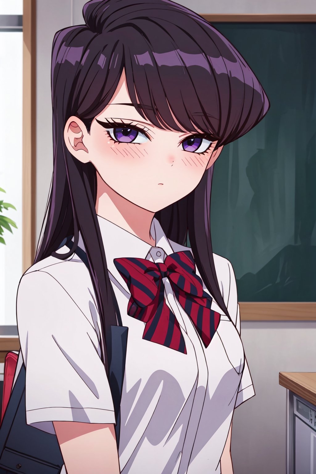 ShoukoKomi, Shouko Komi, (8k, high definition), upper body, loose hair, long eyelashes, loose hair, long hair, long sideburns, purple eyeliner, perfect eyes, embarrassed, blushing, high definition, eyes highly detailed, highly detailed, school uniform, looking_at_viewer, 