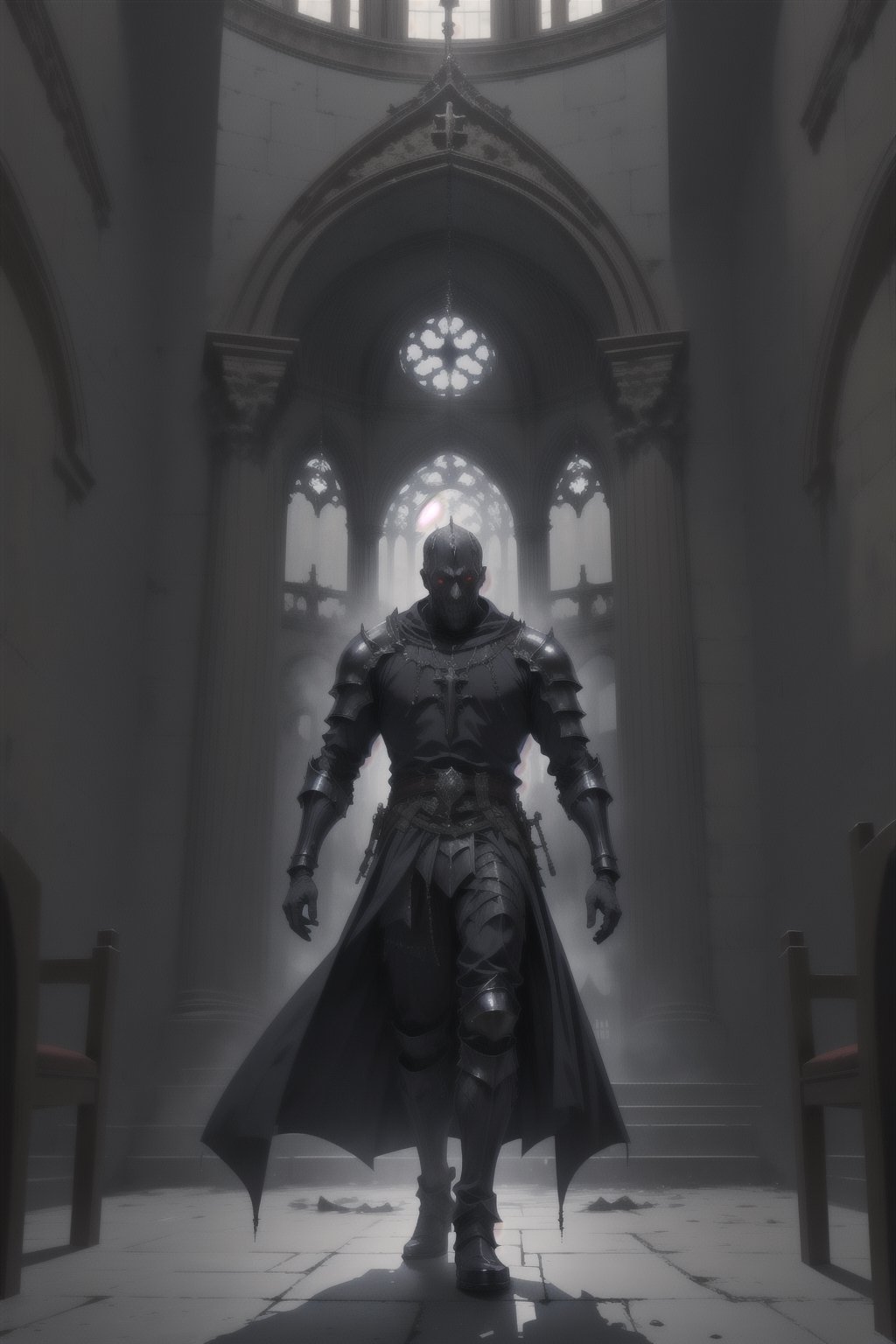 man in gothic armor arriving at a cursed cathedra