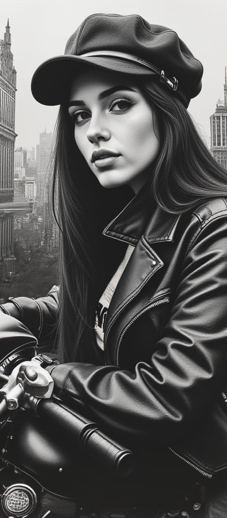 A stunning hyper-realistic charcoal artwork by Sasan, showcasing Maeve, a 18-year-old woman with dark hair and a newsboy cap. She is casually posed with a half-cut leather jacket, leaning on her motorcycle. The background features a captivating cityscape with towering buildings, creating a dynamic contrast between the subject and the urban environment. The artwork is enriched with oil varnish, showcasing deep and rich colors, and pays homage to the beauty of nature through a print collage of a woman's face in the style of Josef Kote, Grunge Beauty, Dain Yoon, and Cyan and Blue. The multi-layered composition and Antonio Mancini's influence result in a captivating and thought-provoking piece, displayed on a sustainable black iron panel. The charcoal sketch invites viewers. 