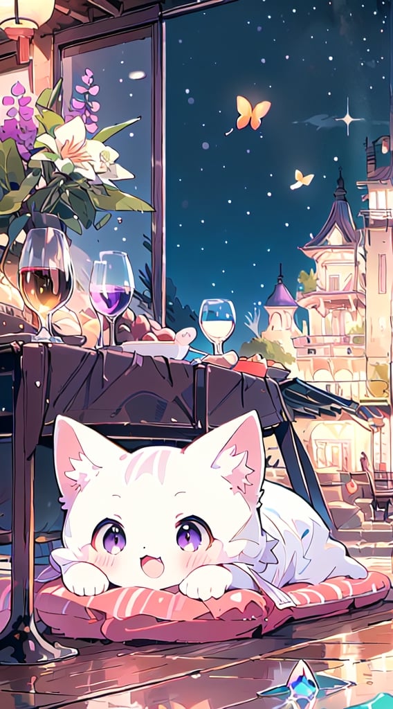 white cat, purple eyes,(masterpiece), (best quality), (ultra-detailed), (masterpiece), (best quality), (ultra-detailed), 4K resolution, High resolution, professionall quality, detailed picture, perfectly drawn objects,more prism, vibrant color,no people,wisteria,Jinsha,Transparent stardust,star,crystal garden,crystal flower,crystal city,crystal sea,crystal cave,lake,crystal shape, crystal thorn, crystal vine, glass thorn, glass Vine, Crystal Bush, Glass Bush,crystal lily,glass crystal,Butterfly,wine glass,diamond,flower on glass,no word,summer,morning ,cat
