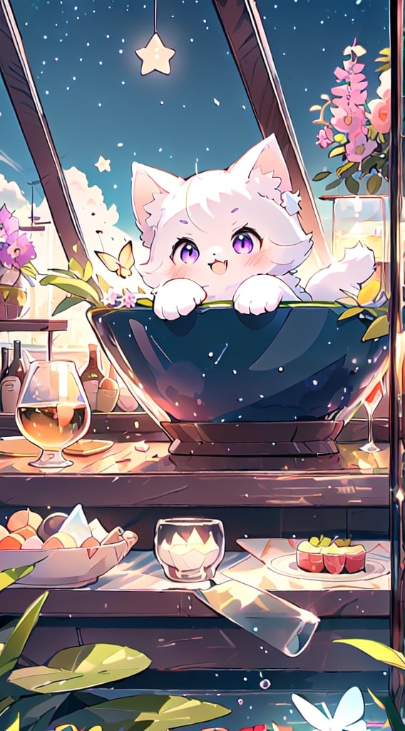 white cat, purple eyes,(masterpiece), (best quality), (ultra-detailed), (masterpiece), (best quality), (ultra-detailed), 4K resolution, High resolution, professionall quality, detailed picture, perfectly drawn objects,more prism, vibrant color,no people,wisteria,Jinsha,Transparent stardust,star,crystal garden,crystal flower,crystal city,crystal sea,crystal cave,lake,crystal shape, crystal thorn, crystal vine, glass thorn, glass Vine, Crystal Bush, Glass Bush,crystal lily,glass crystal,Butterfly,wine glass,diamond,flower on glass,no word,summer,morning ,cat