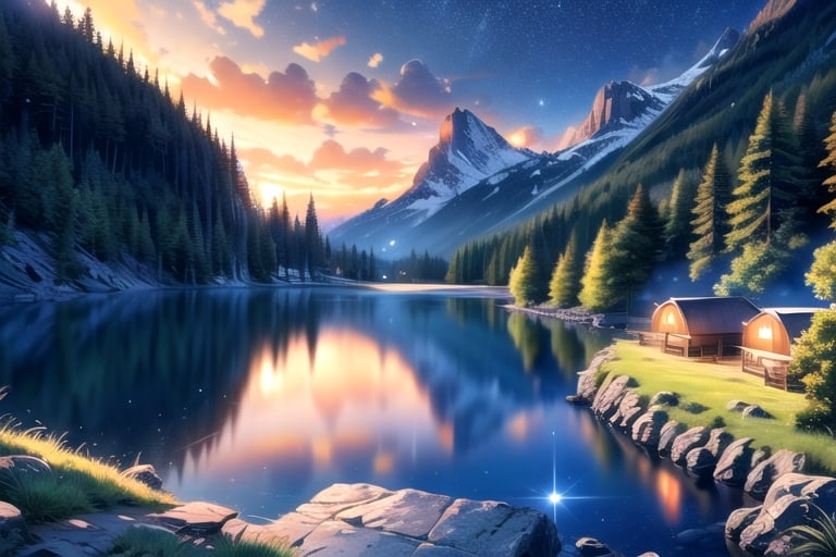 vibrant colors, female, masterpiece, sharp focus, best quality, depth of field, cinematic lighting, (illustration, 8k CG, extremely detailed), masterpiece, ultra-detailed,landscape, road, rocks, natural, forest, water, wooden cabins, camping, river, mountains, atmosphere, white dress,Spring,anime, night, horror, terror, stars
