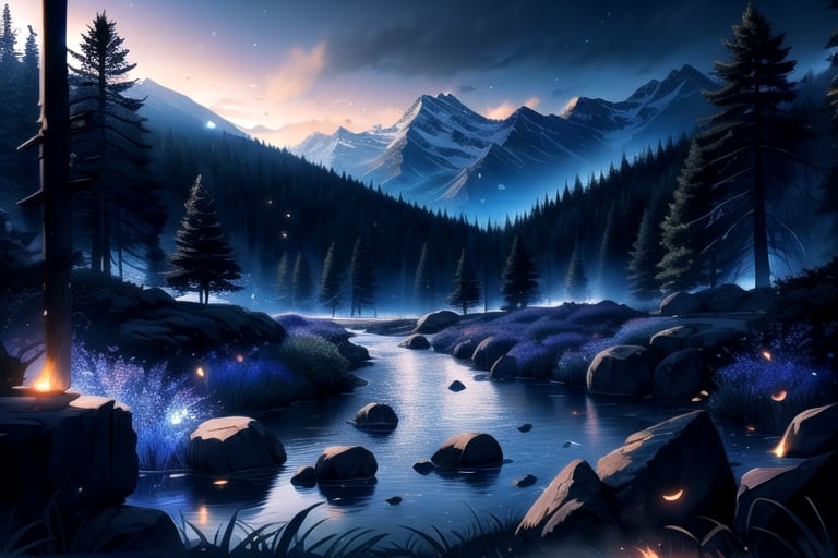 vibrant colors, female, masterpiece, sharp focus, best quality, depth of field, cinematic lighting, (illustration, 8k CG, extremely detailed), masterpiece, ultra-detailed, landscape, road, rocks, natural, dark forest, mountains, dark atmosphere, anime, night, horror, terror, blue atmosphere, creepy