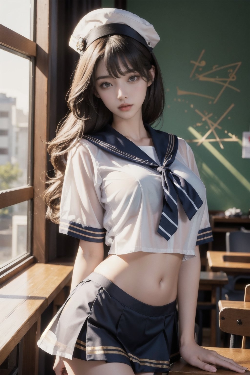 (Masterpiece, Top Quality, Best Quality, Official Art, Beauty & Aesthetics: 1.2), hdr, high contrast, wide angle lens, 1girl, bangs, looking at viewer, relaxed expression, pronounced brown eyes, long faded eyebrows, Soft makeup, gradient lips, big breasts, hourglass figure, long fingers, belly button, realistic illustration, (soothing tones: 1.3), (super detailed: 1.2), solo, see-through, (((sailor_shirt))), sailor skirt, hat, big breasts, standing, cowboy shot, very long hair, sunny day, classroom background,