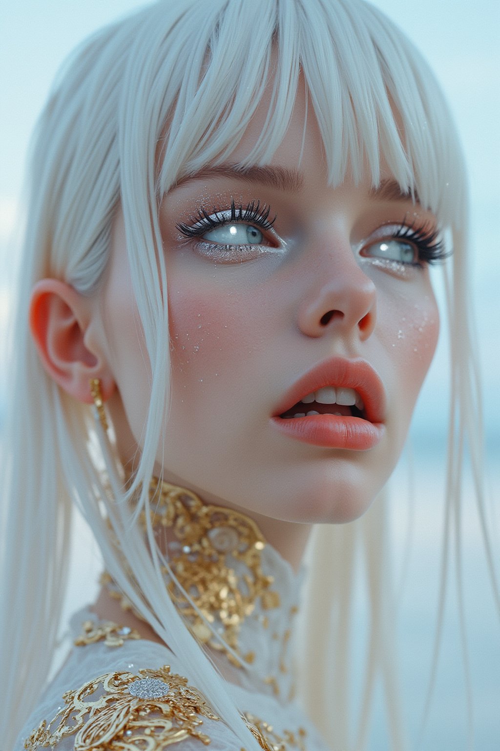 close, albino woman with glowing eyes and hair in white gold jewelry, light painting, futuristic digital, realistic sci-fi, lights, gold filigree, silver lashes, diamond, ethereal, misty, holographic, white sky on background,glitter