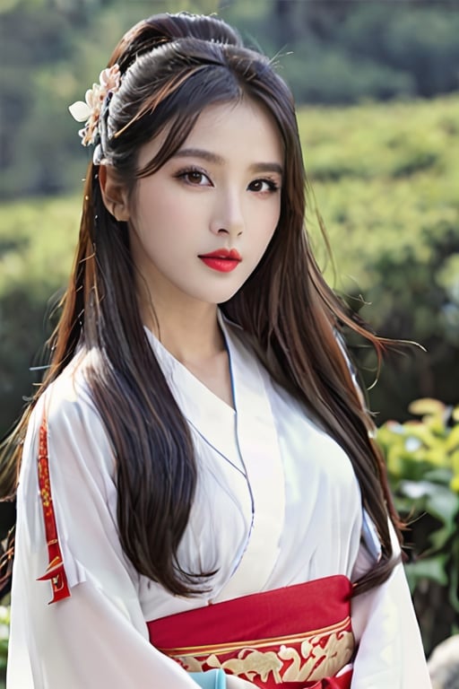 1girl, long hair, looking at viewer, multiple girls, black hair, long sleeves, brown eyes, very long hair, outdoors, solo focus, lips, sash, chinese clothes, realistic, red lips,Wonder of Beauty