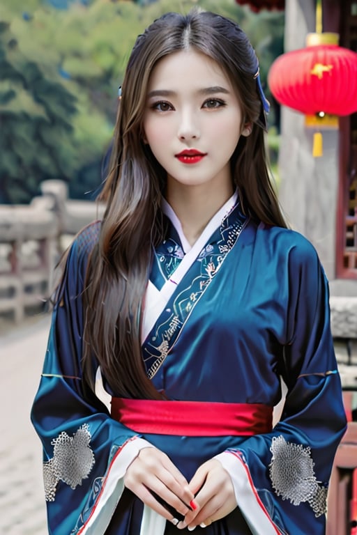 1girl, long hair, looking at viewer, multiple girls, black hair, long sleeves, brown eyes, very long hair, outdoors, solo focus, lips, sash, chinese clothes, realistic, red lips,Wonder of Beauty