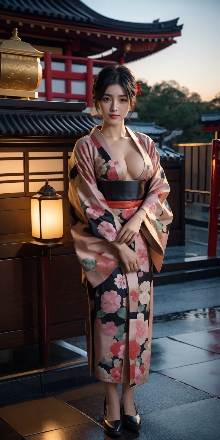 a black hair girl wearing a kimono holding a lamp, standing  in front of Shrine, 1girl, alone , large breast, cleavage, wide angle, 