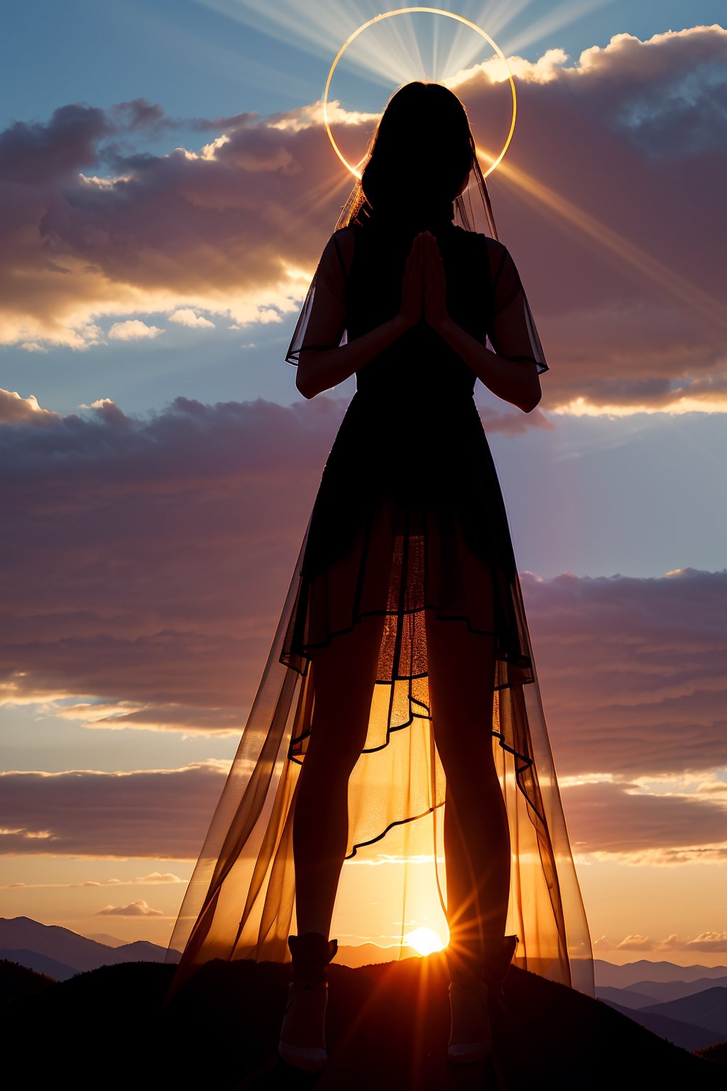 A silhouette of a woman wearing a see-through dress, standing in front of a sunset over a mountain, with her hands clasped together in a praying pose. A detailed ray of light shines through her dress, highlighting the delicate fabric and creating a halo effect around her silhouette