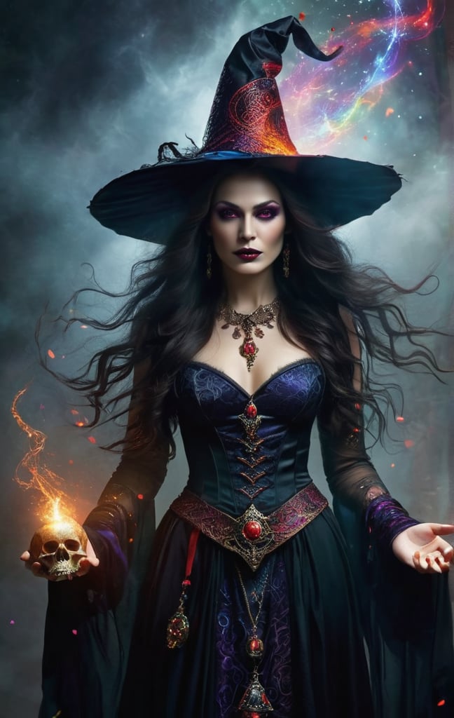 [Subject] Portrait of a witch with [Attire] a traditional cone hat and a flowing dress with intricate patterns, both in dark colors, featuring a [Hat] tall, pointed, slightly askew and messy cone hat adorned with mystical symbols in dark hues, [Facial Features] glowing red eyes, piercing and mysterious, adding to her menacing appearance, arched and expressive eyebrows adding to her enigmatic appearance, lips set in a grim line reflecting her hatred, and pale skin with a subtle glow enhancing her magical aura, with [Hair] long and flowing hair with streaks of dark colors matching her attire, accessorized with [Accessories] mystical amulets, rings, and other magical items, surrounded by a [Magical Aura] enveloping her body with shimmering particles and glowing tendrils of light, set against a [Background] dark setting with swirling colors and magical elements, illuminated by [Lighting] vibrant and dynamic light highlighting the colors and creating a magical atmosphere, conveying an [Expression] filled with hatred, capturing the essence of a powerful witch, in an [Environment] of darkness with shadowy elements and a sense of mystery, [Surroundings] black mist swirling around her, adding an eerie and magical effect, and [Additional Element] holding a human skull in her hand, adding to the eerie and sinister atmosphere.