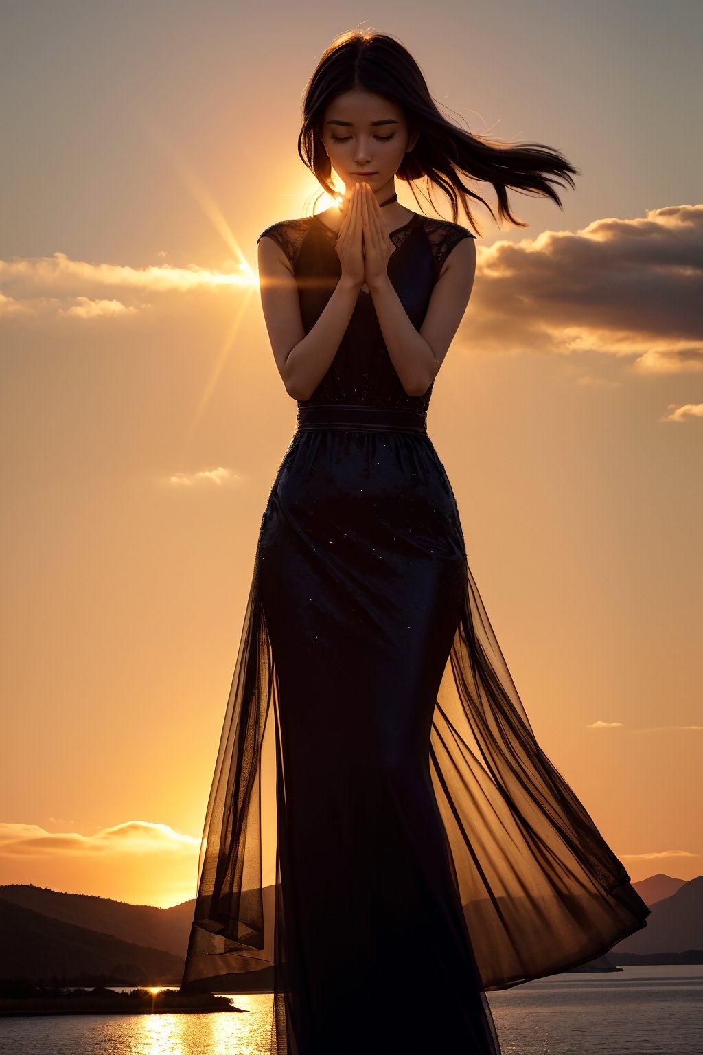 A silhouette of a woman wearing a see-through dress, standing in front of a sunset over a mountain, with her hands clasped together in a praying pose. A detailed ray of light shines through her dress, highlighting the delicate fabric and creating a halo effect around her silhouette,Cloef