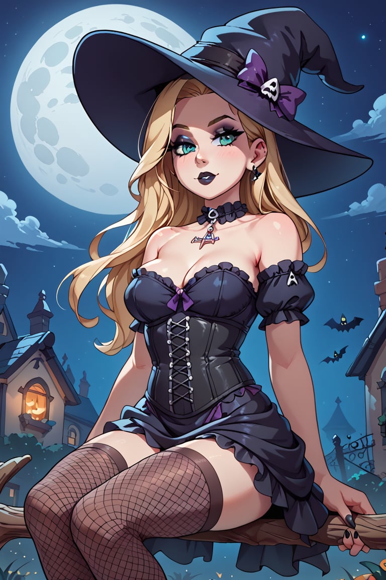 score_9, score_8_up, score_7_up, 2d, (((sexy goth witch))), (((Halloween night))), long blonde hair, victorian dress, fishnet stockings, witch_hat, corset, sitting on a broomstick, full moon