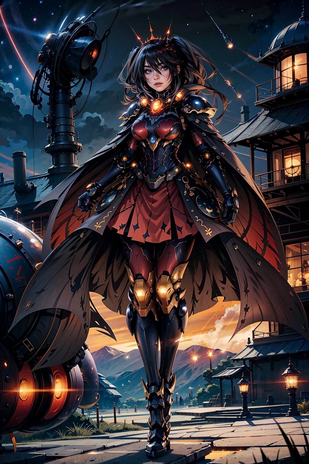 highly detailed, high quality, masterpiece, beautiful (full shot), 1 girl, alone, Kurumi Tokisaki from Date a Live (open eyes, red right eye, yellow left eye, black hair, hair in pigtails, slim body, full body , red armor, black limbs, flying head-on, flying in the sky, at night, starry night, planets, best quality,spartan,cyber_armor,tokisaki_kurumi,Arcadia armor,wsprmr