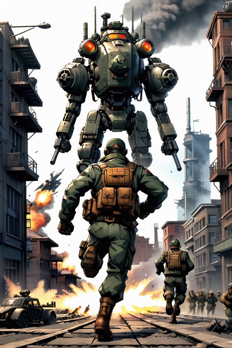 (1 man in foreground facing camera), metal slug mech in background, men running in background, bomber jacket, goggles, bombed out city scape, explosion, mecha, metalslug, photo realistic, canon EOS, ((DieselPunkAI)), gritty, grim, dark, ,Cyber Warrior, ((propaganda poster))