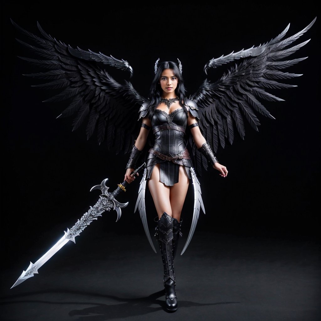 dark valkyrie, black hair, black angel wings, full body shot, sword, photo realistic, high_res, 8k, beautiful face,photorealistic